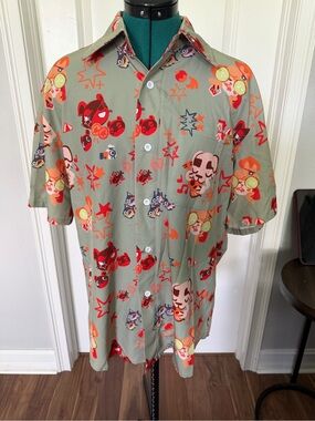 Green Short-Sleeve Button-Down Shirt with Multicolor Cartoon Print